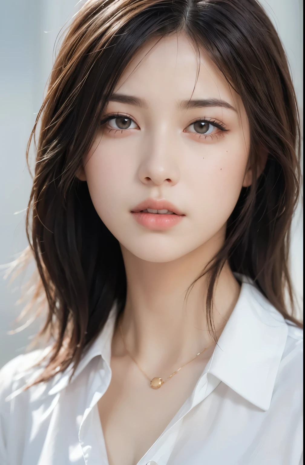(masterpiece: 1.3), (8k, realistic, RAW photos, best quality: 1.4), (1 woman), shallow depth of field, focused face, soft focus, beautiful face, (Lightbox backlight: 1.3), (Soft ambient under the face: 1.3), (realistic face), (black hair, medium short: 1.3), Hair with loose wavy hair fluttering loudly in the wind, Short bangs, realistic eyes, deep-set brown eyes, highlights in the pupils, Beautiful eye for detail, (realistic skin), beautiful skin, (white collar blouse), no gray background., absurd, attractive, ultra high resolution, extremely realistic, high quality, golden ratio