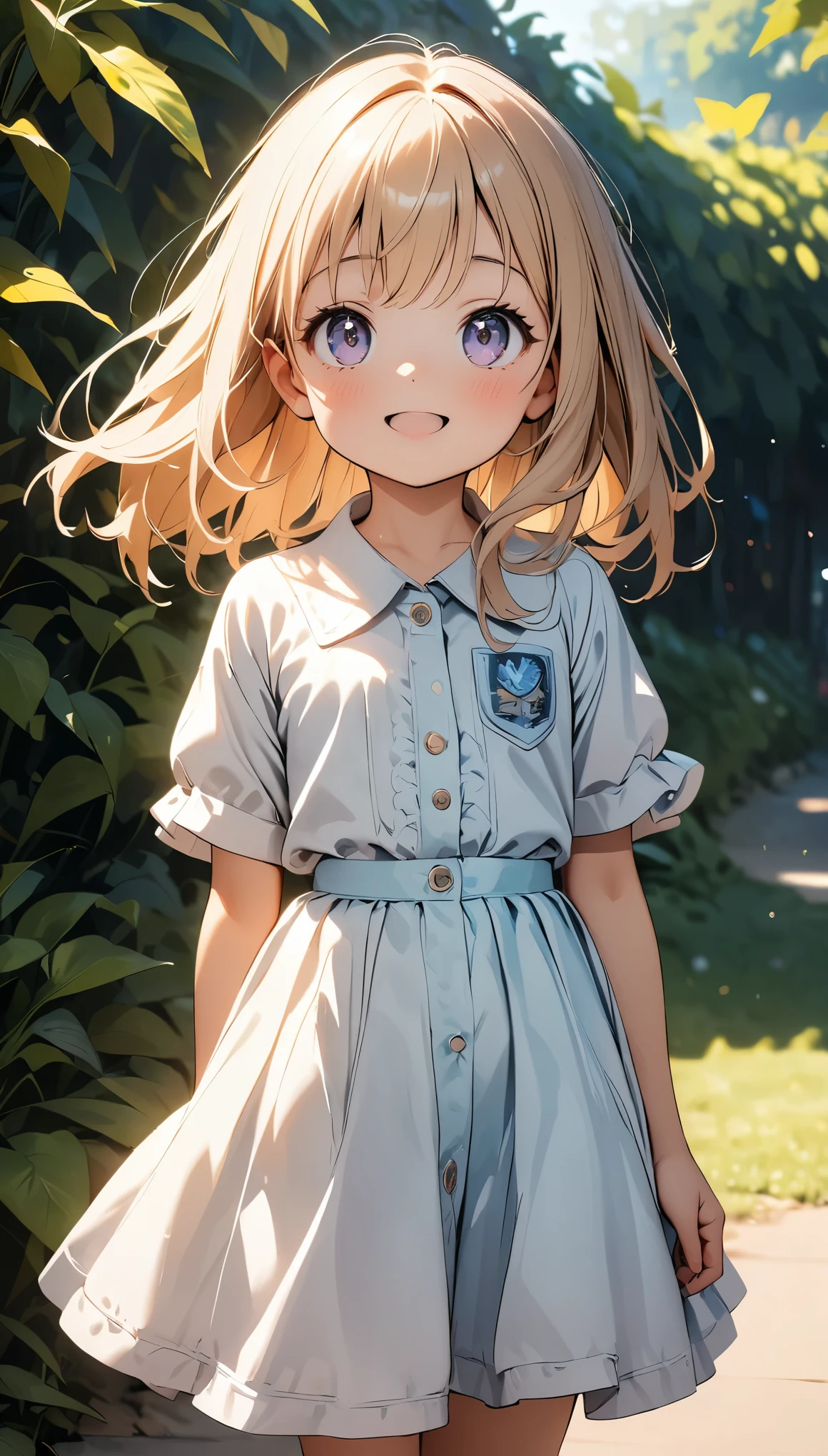 Commemorative photo of girls, 1 Girl, 6 year old girl, Sunlight is strong:1.2, Look Up, Playing in the park, Dazzling expression, Plants, Light and shadow with attention to detail, Background Blur, (Highest quality:1.2, 4K, 8k, Very detailed, Attention to detail, masterpiece:1.2, Best aesthetics),