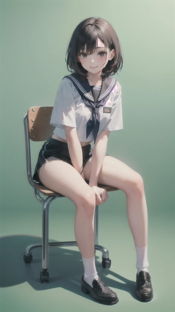 We can see the girl's whole body.
She sits cross-legged on a school chair.
We cannot see her underwear.
She is 18 old.
She has one eye dark haired.
She has black eyes. 
She has two arms.
She has two legs.
She has five fingers on her right hand.
She has five fingers on her left hand.
She is medium height.
She smiles.
She is not wearing a mask.
She wears a dark bule and white sailor suit. 
She wears a black blue mini skirt.
She wears a black shorts.
She wears white socks and loafers. 
A green background with nothing but the chair she is sitting on