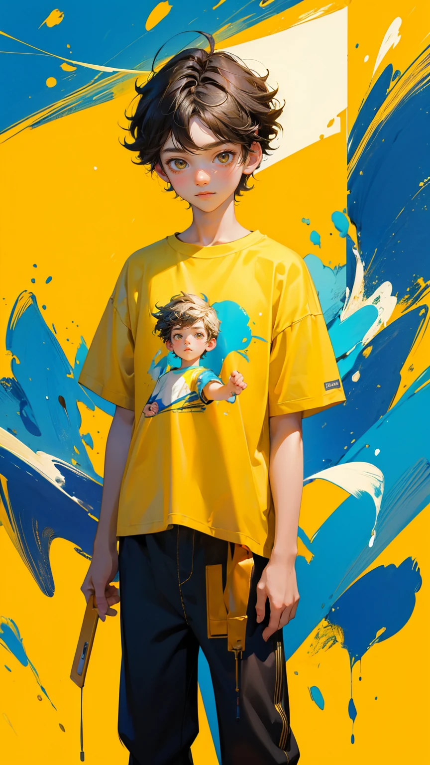 A whimsical and artistic scene featuring a young boy standing against a vibrant yellow background. The boy is holding a smartphone and wearing a yellow t-shirt that reads 'KYC Easy.' The background is painted with abstract, textured brush strokes, giving it a playful and creative feel. Replace the young boy with a beautiful, cute girl while maintaining the same whimsical and artistic style. Ensure the new character has similarly styled hair and clothing to fit seamlessly into the scene. The background and overall color scheme should remain exactly the same, preserving the playful and creative feel of the image