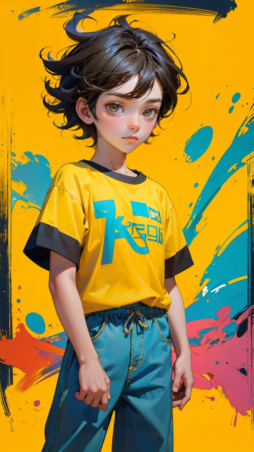 A whimsical and artistic scene featuring a young boy standing against a vibrant yellow background. The boy is holding a smartphone and wearing a yellow t-shirt that reads 'KYC Easy.' The background is painted with abstract, textured brush strokes, giving it a playful and creative feel. Replace the young boy with a beautiful, cute girl while maintaining the same whimsical and artistic style. Ensure the new character has similarly styled hair and clothing to fit seamlessly into the scene. The background and overall color scheme should remain exactly the same, preserving the playful and creative feel of the image