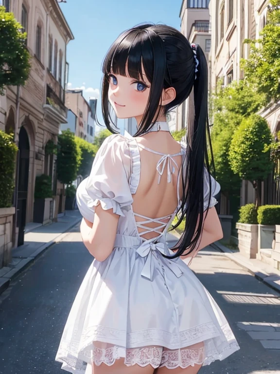 (beautiful elegant white panties), (looking back at the viewer),♥(sexy mini dress red gothic lolita costume),((1girl,cute,young,semi long beautiful black hair, blunt bangs ,pony tale, beautiful blue eyes)),(solo),((masterpiece, highest resolution, best quality)), (beautiful illustration),( gothic lolita costume),(looking back at the viewer), innocent smile, cinematic lighting, , big city, flowers, buildings, blue sky
