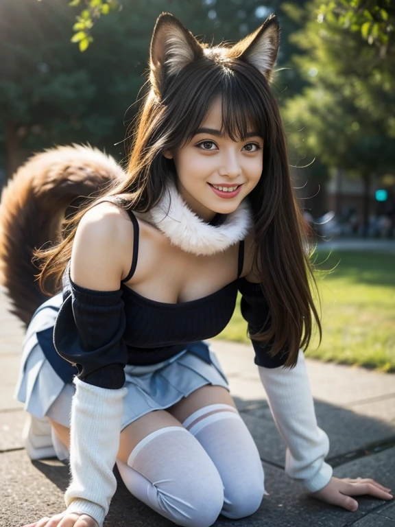 ((Highest quality, 8k)), ((masterpiece)), (Highest Resolution), Perfect Face, Fox Girl, high school girl, Beautiful woman, public, One tail, she has thick thighs, Big tail, She has a fluffy fox tail, She wags her tail, smile, Fur collar, She is wearing a short skirt, Beautiful Hips , Big Breasts, The skirt is rolled up at her tail, On all fours