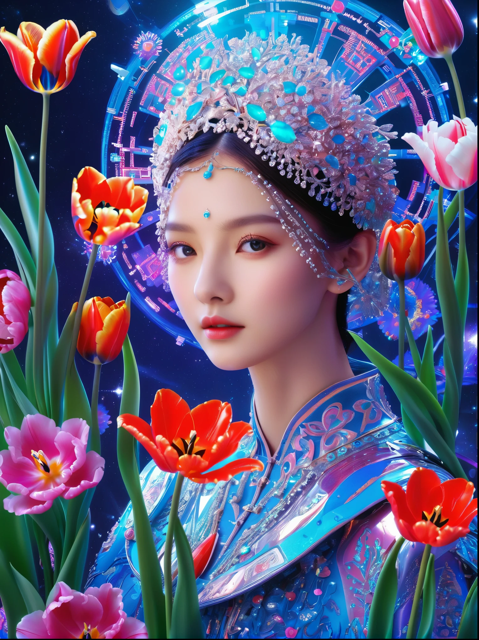 (3D,Mechanical feel,cute,ais-scrapyrd 1girl,tulip),(使用广角镜头拍摄whole body图像:1.9),(masterpiece:1.1),(Highest quality:1.1),(HDR:1.0),Ambient Light,Ultra high quality,(Ultra-detailed original illustrations),(1 Girl,whole body),(彩虹tulip花裙),(Slender thighs),(由tulip花朵制成的鞋子: 1.5),((Harajuku Fashion)),((Flowers with human eyes,Eye disease)),Double Exposure,Fusion of Fluid Abstract Art,Fault,(Original illustration composition),(Limited color blending,Extreme art style,Geometric artstyle), , Colorful neon lights,High-tech mechanical parts,Metal body,(详细的振金tulip花朵设计:1.9),Vibrant colors,动态发光tulip花朵,Reflective metal surface,Bright environment,Dynamic poses,Exquisite existence,Skills Improvement,Interlocking mechanical gears,Stylish design,motion blur effect,Detailed metal treatment,Sci-fi atmosphere,Streamlined aerodynamic shape,Laser scanning pattern,Holographic projection,LED light track,Beautiful and unforgettable,Advanced sensors,Complex algorithms,Ominous and mysterious atmosphere,Electric Spark,Shiny chrome,Propulsion systems of the future,(Best quality,8k,high resolution,masterpiece:1.2),Super detailed,(whole body:1.8), magazine photography,一个cute的女孩形象,Popular on social platforms,((Dopamineism)),(((Dopamine color matching))),Dopamine,(in the style of Y2K),Luo Erchun,3D古风,Oriental poetry and painting