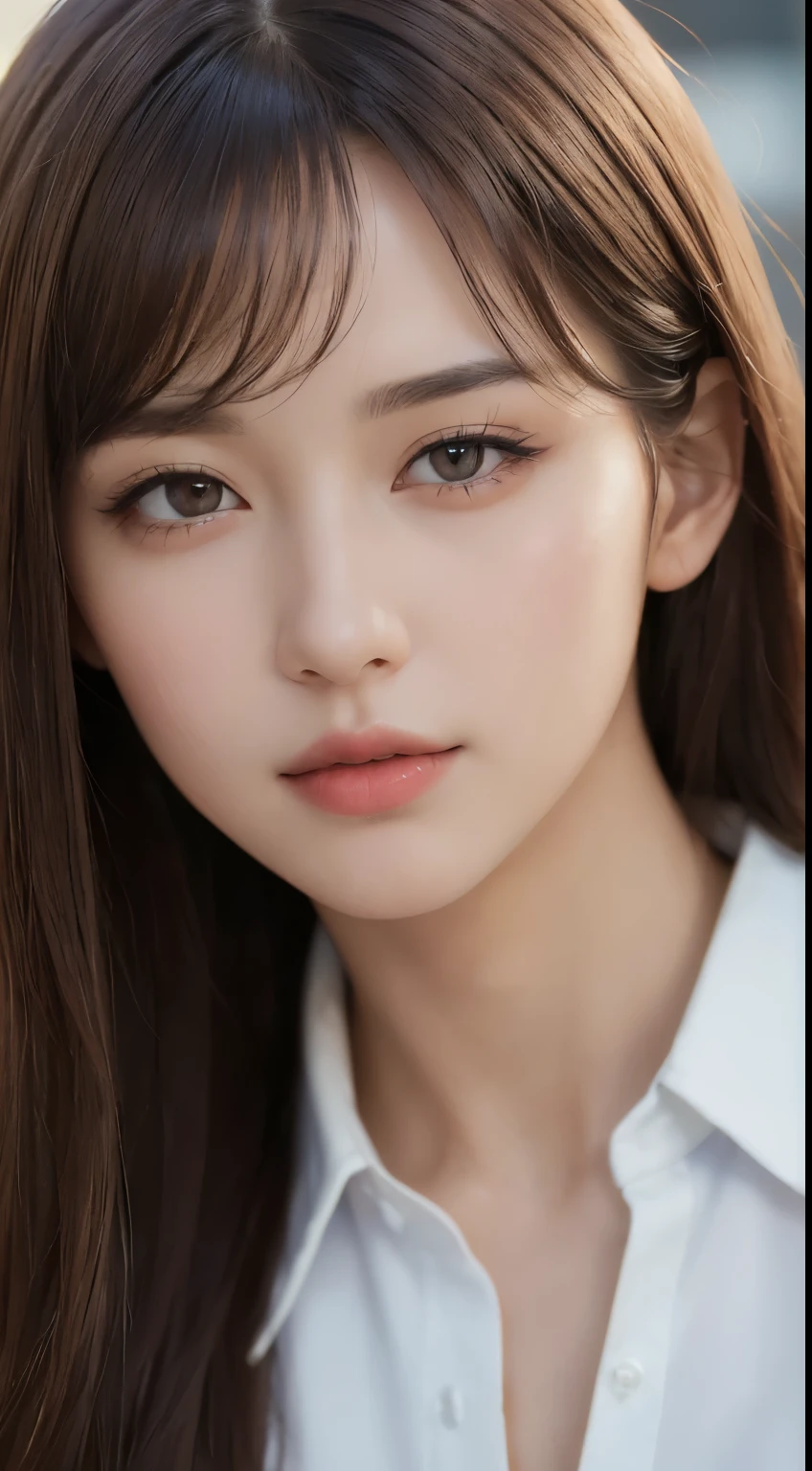 ((best quality, 8k, masterpiece :1.3)), sharp focus :1.2, pretty girl with perfect body :1.4, slim abs :1.2, ((dark brown hair, big bust :1.2)), (White button-up long shirt :1.1), city street:1.2, Highly detailed face and skin texture, detailed eyes, double eyelid