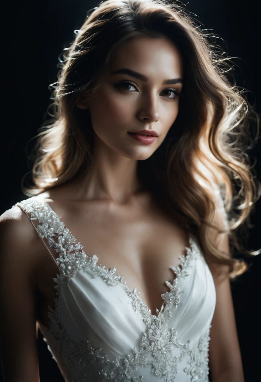 dark shot, film grain, A close up of a woman in a beautiful white dress and a black background, ultra clear, high quality