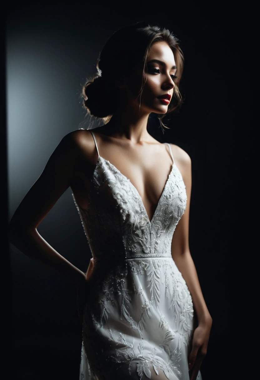 dark shot, film grain, A close up of a woman in a beautiful white dress and a black background, ultra clear, high quality