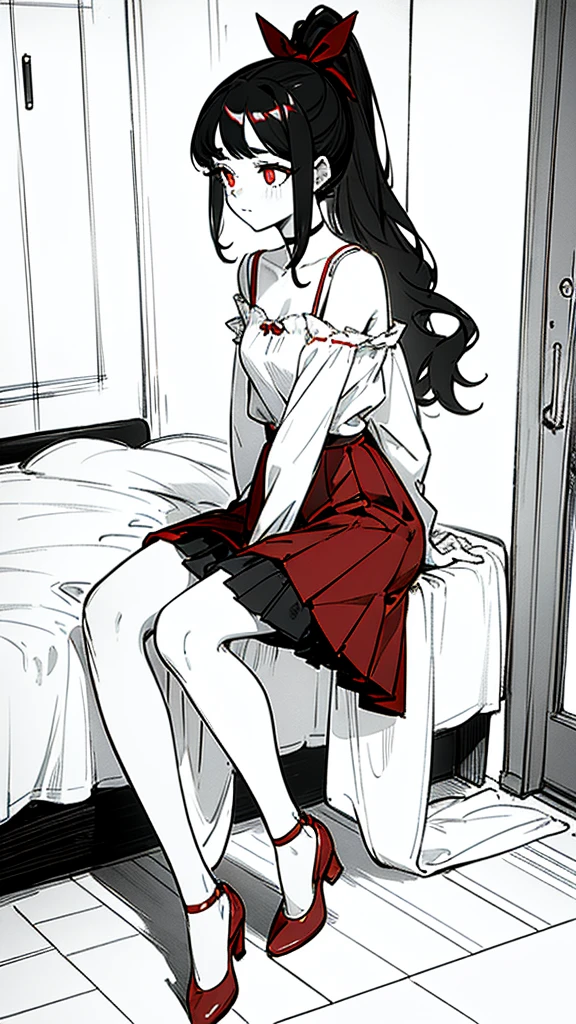 using pantimedies, wavy black hair, piercing look with deep red eyes, average stature, Silky hair with a ponytail hairstyle collected with a red bow with two white lines, with clothes, has a vagina, has breasts, cup of breasts, small breasts, slim, foreground, Session, sitting in her room, sitting on the floor of her room, wearing pantyhose, using pantimedies, Picardias, short skirt, shoes, blouse with straps, blush, opening her legs making her panties visible