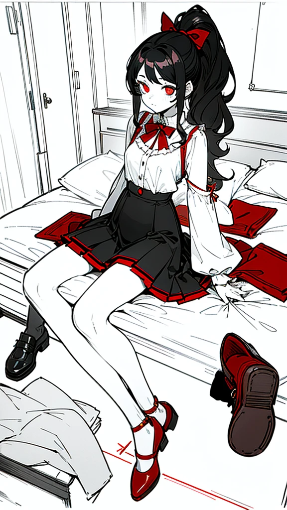 using pantimedies, wavy black hair, piercing look with deep red eyes, average stature, Silky hair with a ponytail hairstyle collected with a red bow with two white lines, with clothes, has a vagina, has breasts, cup of breasts, small breasts, slim, foreground, Session, sitting in her room, sitting on the floor of her room, wearing pantyhose, using pantimedies, Picardias, short skirt, shoes, blouse with straps 