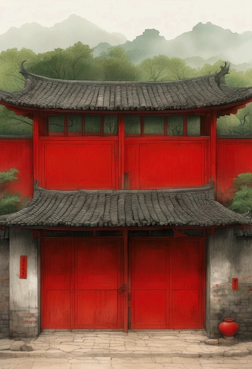 There is a small building there，There are red gates and fences, Zou Yigui&#39;s Minimalism, Winner of the CGosociety competition, 