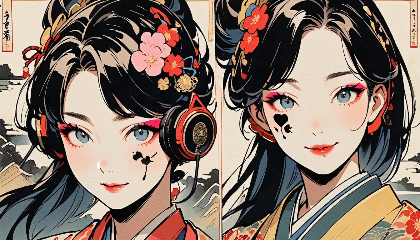 (((Ink Painting))), (((from above))), (((twins))), (((Heart tattoo on face))), (((Very flashy hair accessories))), (((Very flashy makeup))), Japanese style headphones, Villain, face close-up, front view, Japan人の美少女, Black Hair, Delicate and precise, Modern ukiyo-e style,Japan, Droopy eyes, round face, smile, Fuller lips, vivid color