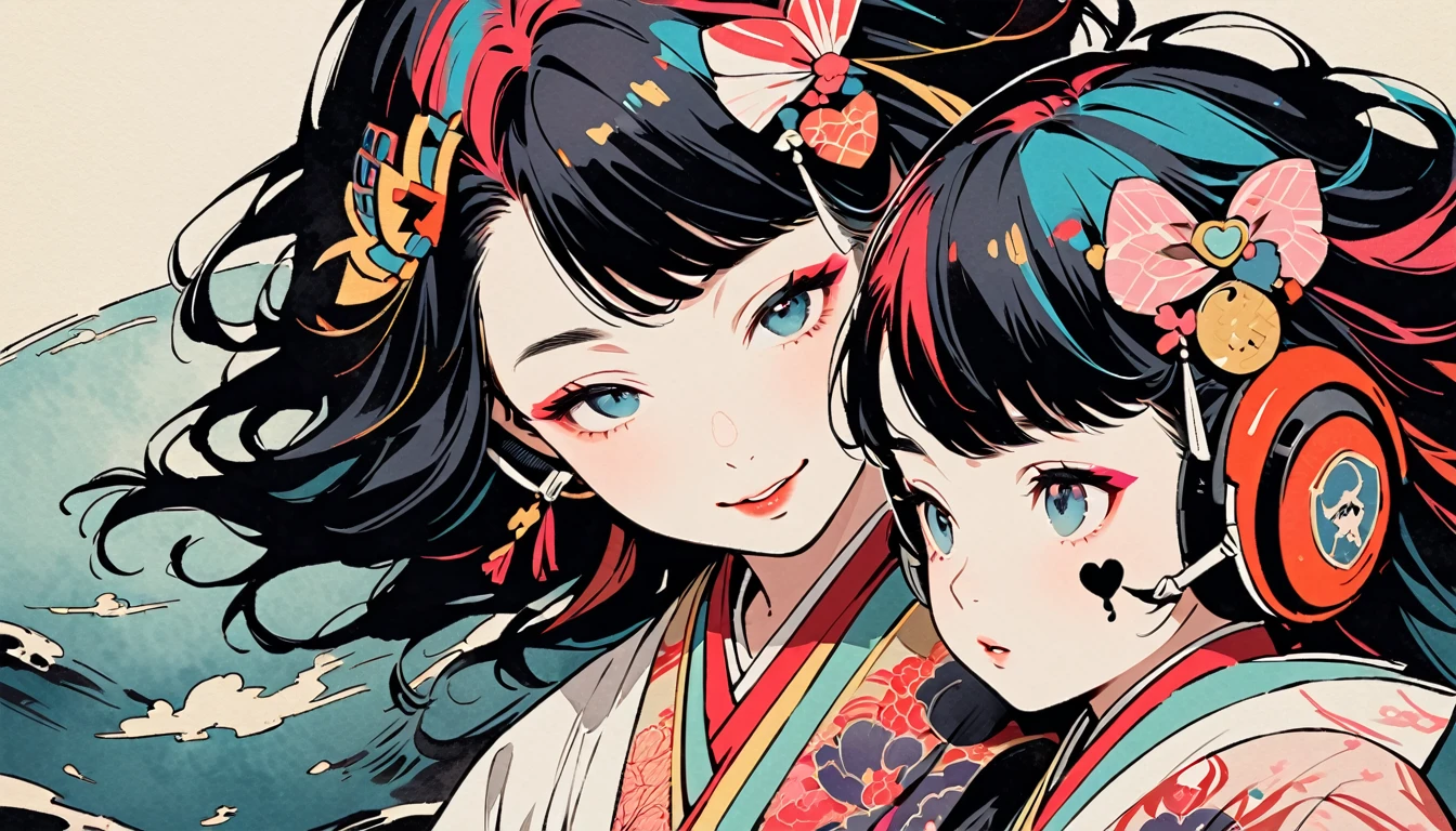 (((Ink Painting))), (((from above))), (((twins))), (((Heart tattoo on face))), (((Very flashy hair accessories))), (((Very flashy makeup))), Japanese style headphones, Villain, face close-up, front view, Japan人の美少女, Black Hair, Delicate and precise, Modern ukiyo-e style,Japan, Droopy eyes, round face, smile, Fuller lips, vivid color