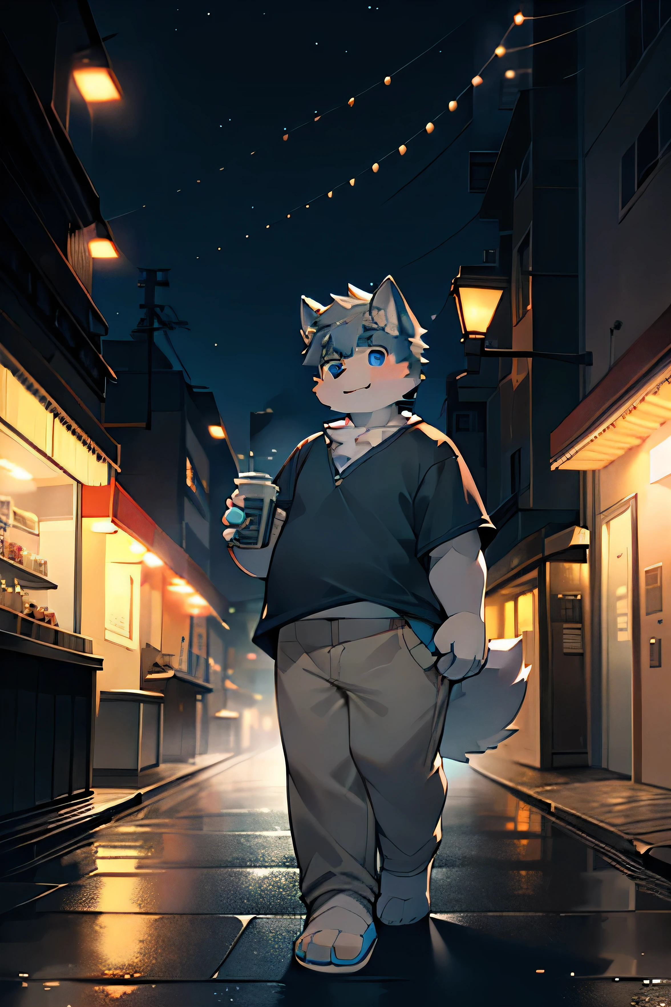 A dog boy,The scene takes place at night。Ocean blue eyes,Gray hair,Casual Wear,Slightly chubby,solo,cute,hairy,Fur,street,Alone,Holding coffee