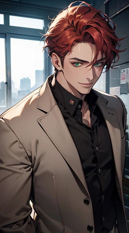 (best quality, masterpiece, 8K, photorealistic, cinematic lighting, hdr image, ultra detailed, beautiful image), a mature man, very handsome, smile, short grey red hair, green eyes, perfect face without errors, ((buttoning the jacket, CEO))