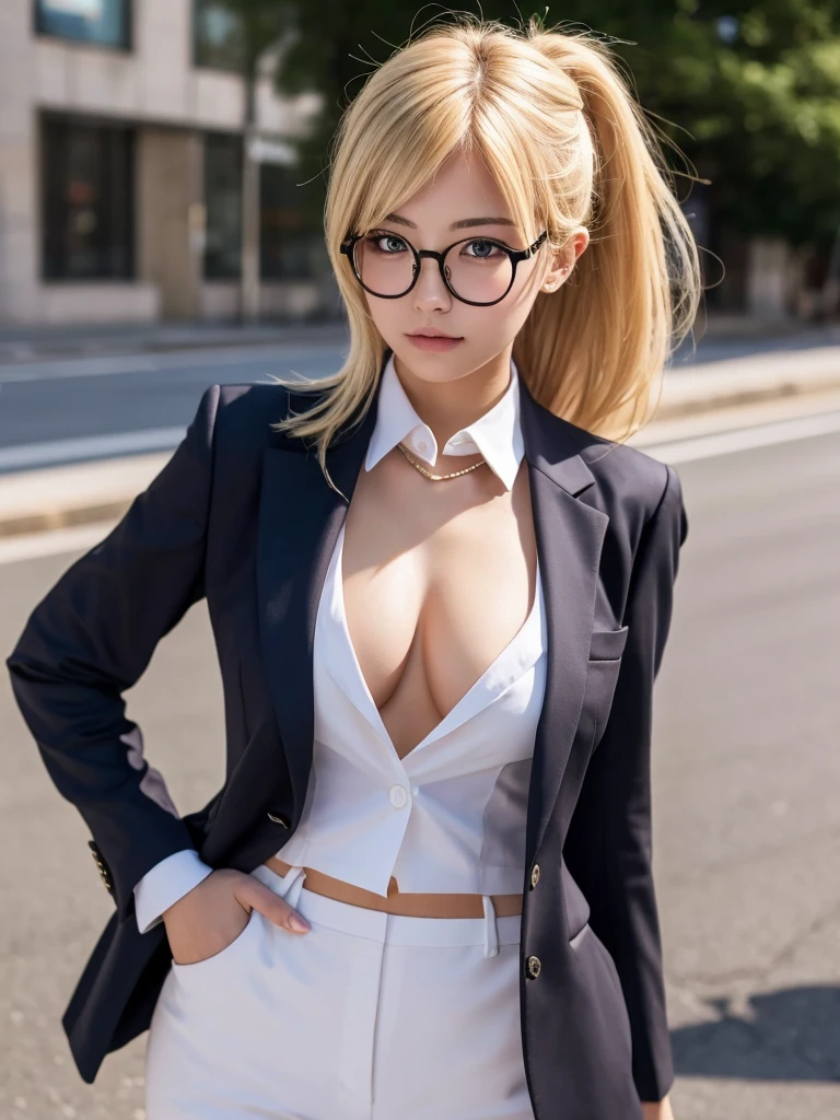 Blonde,Shortcuts,chest, Highest quality, suit,Glasses,One girl,