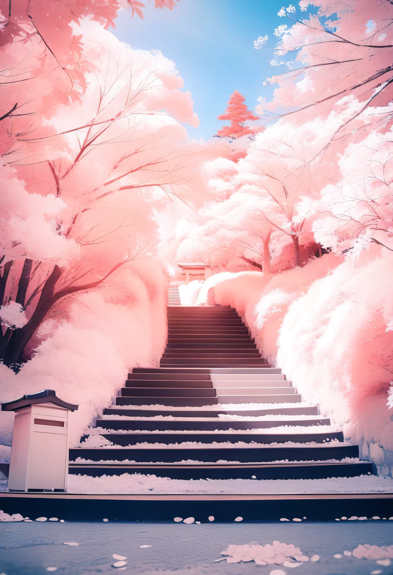 masterpiece, best quality, very aesthetic, absurdres, cute, hot, flower,
Infrared_photography, outdoors, scenery, tree, no humans, torii, sky, day, blue sky, cloud, stairs