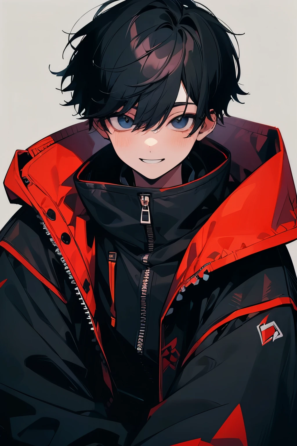 (Highest quality、masterpiece:1.2) ((1 boy)) Black Hair, black eye, Hooded parka, Very smiling, Bad Smile