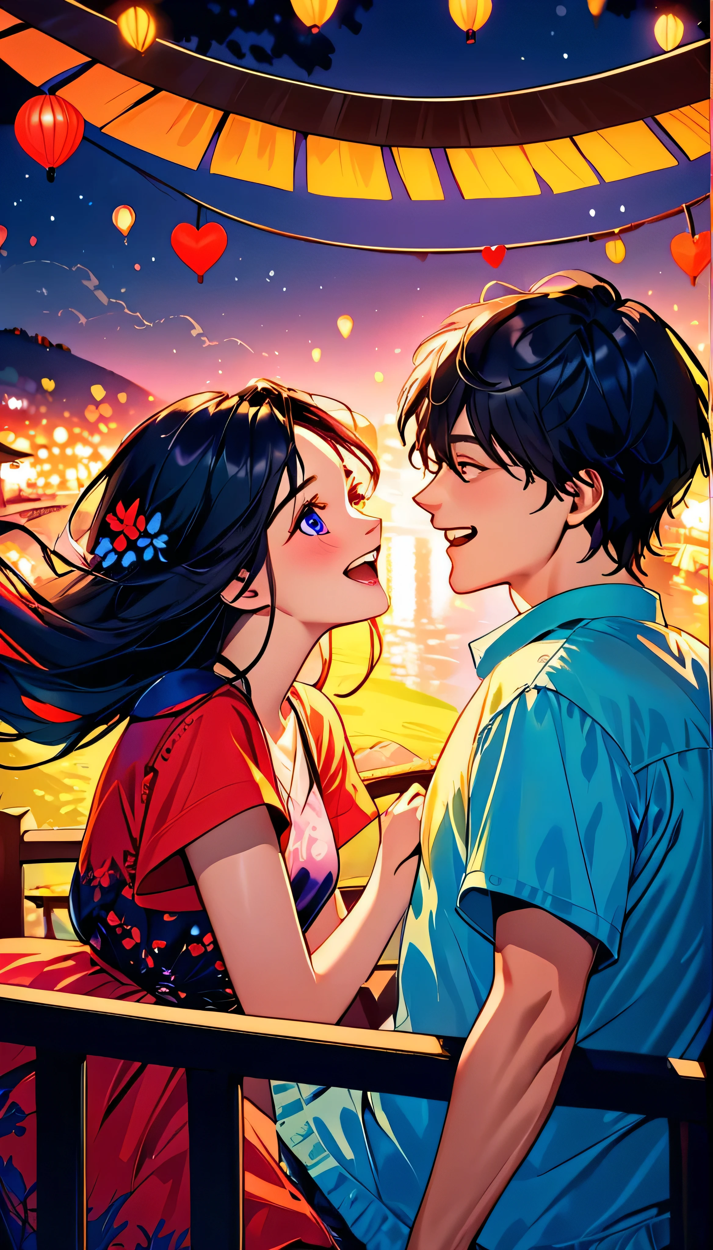 (Highest quality,Very detailed,Realistic:1.37),humor,Comic book style,Bold,Vibrant colors, Close to cool colors,Desaturate,Beautiful night view, A girl and a boy, Fun couple, Laughter, floating love,
