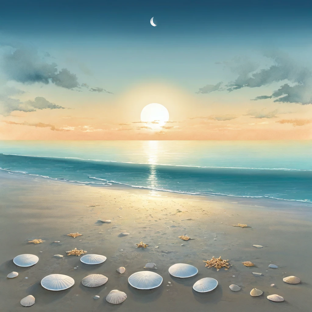 Quiet and idyllic, a picturesque night view of a white Japanese sand beach. Sloping gently to the horizon, calm, crystal clear turquoise waters lapping against the shoreline, sand dollars partially buried, others scattered on the surface. Inscribed in the sand is a message handwritten in elegant cursive: "Good night." Shells and pebbles scattered nearby add texture to the clean beach. Thin cirrus clouds float beneath a cloudless evening sky, and the moonlit night casts a gentle glow across the landscape, backed by warm, golden light.