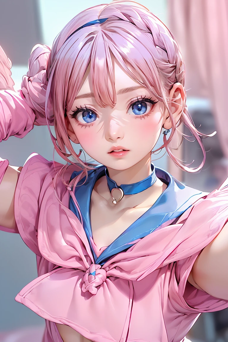 (finely detailed beautiful eyes and detailed face,masterpiece sidelighting,masterpiece,best quality,detailed,high resolution illustration),, (topless girl,whole body,lustrous skin,looking down,looking at viewer),, (pink hair,blue eyes,ribbon, sundress), (clothed_underbust:1.2),underboob