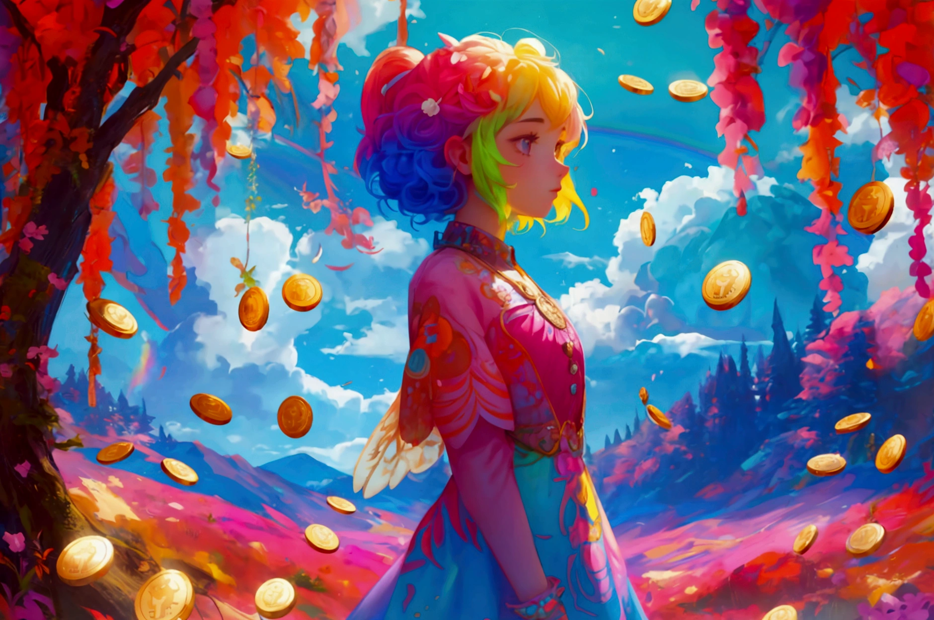A beautiful and cute girl standing in a fantastical landscape with a rainbow in the background. The background features Bitcoin coins hanging and scattered around, lush greenery, and a vibrant sky. The girl should have a colorful outfit and hair, embodying the same whimsical and crypto-themed style as the original dinosaur. Retain the glowing neon paths and other vibrant elements to maintain the surreal atmosphere."