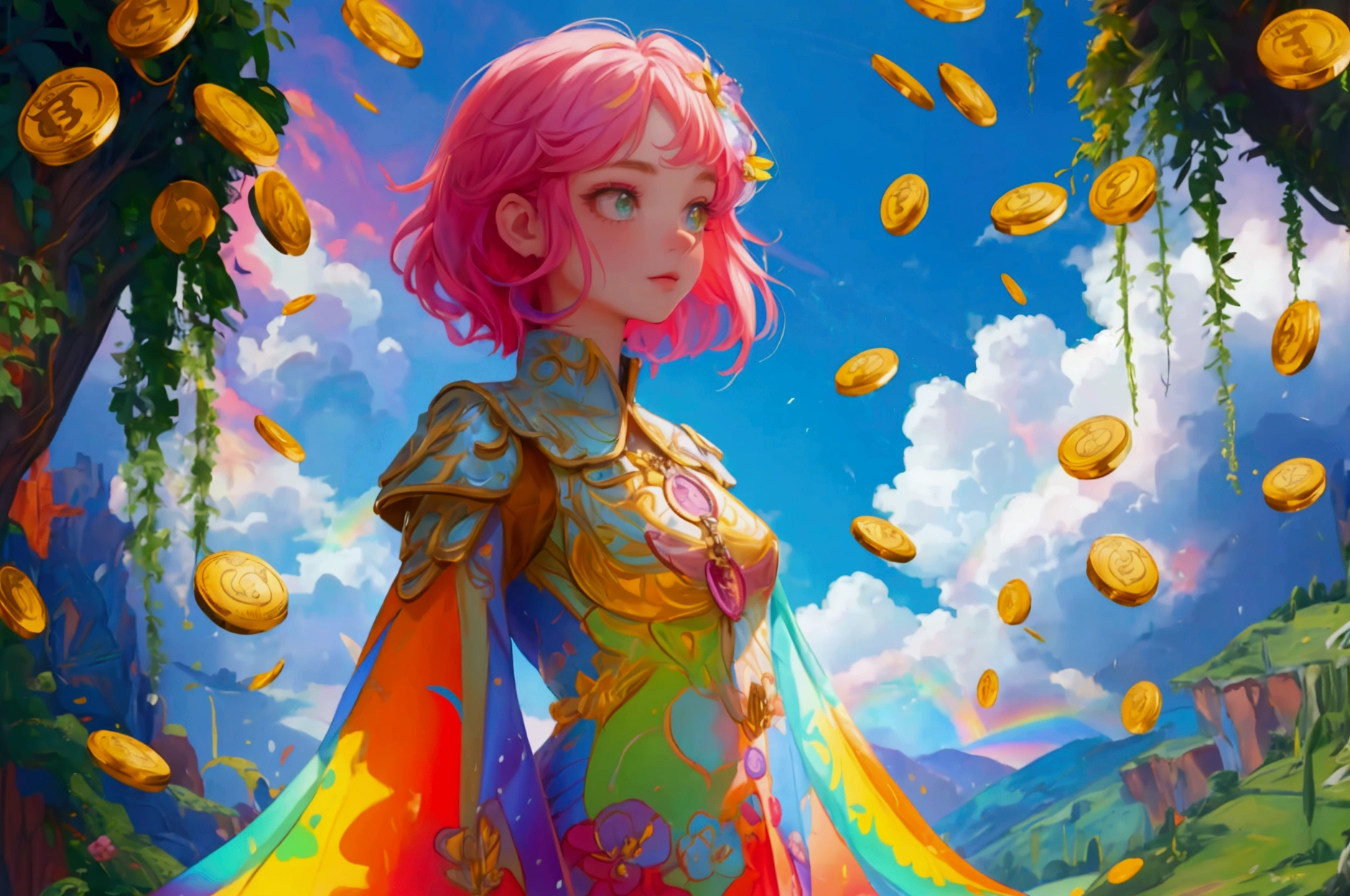 A beautiful and cute girl standing in a fantastical landscape with a rainbow in the background. The background features Bitcoin coins hanging and scattered around, lush greenery, and a vibrant sky. The girl should have a colorful outfit and hair, embodying the same whimsical and crypto-themed style as the original dinosaur. Retain the glowing neon paths and other vibrant elements to maintain the surreal atmosphere."