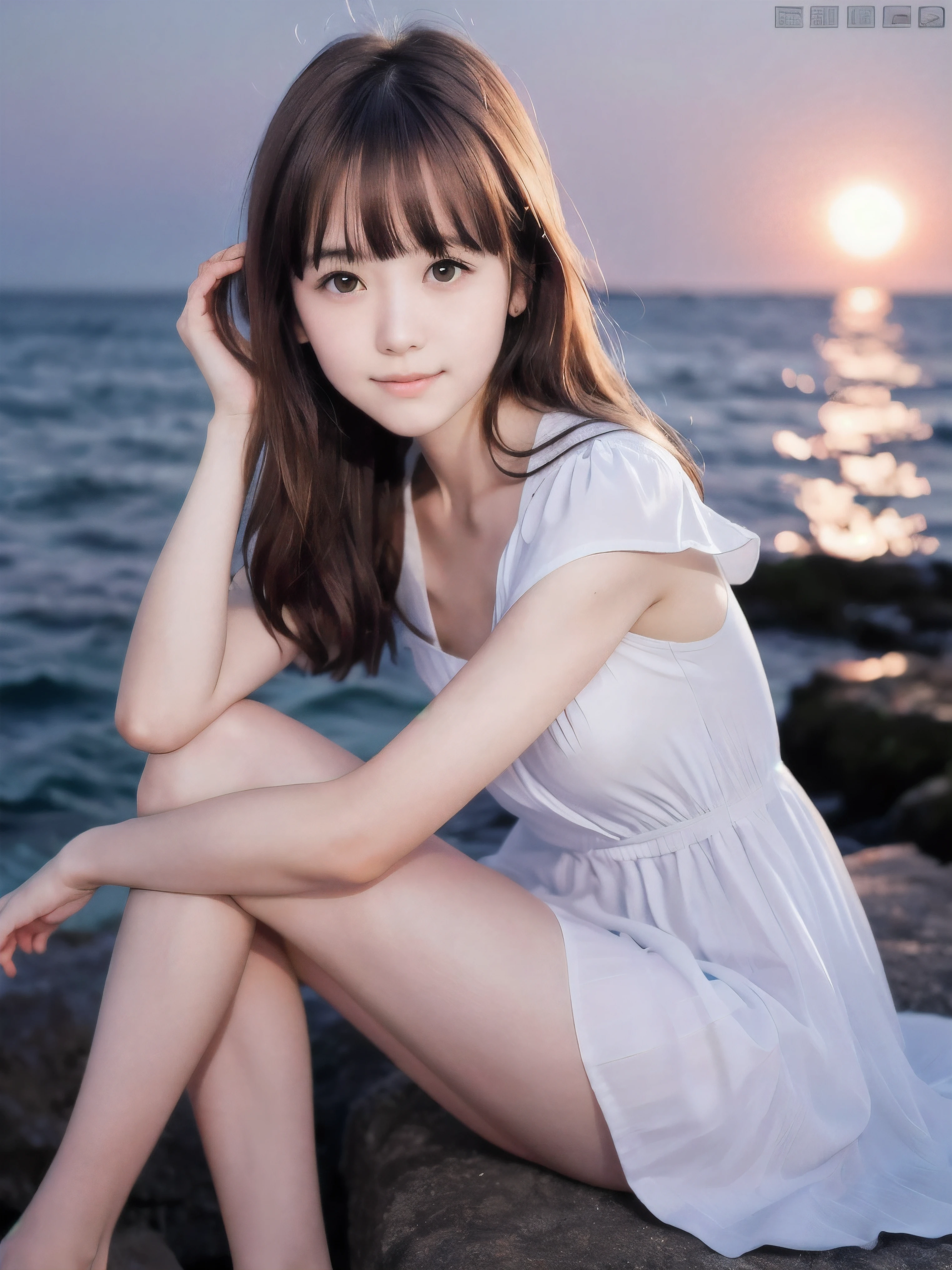 (Close up face shot of slender small-breasted red brown wavy long hair with dull bangs girl wearing a white summer dress:1.5)、(One girl is looking down with tender smile at the cape of the sea in Japan:1.5)、(Beautiful moonlight midnight with the sea:1.5)、(blurred background:1.5)、(Natural light:1.5)、(8k ultra detailed master piece:1.5)、(perfect anatomy:1.5)、(Photorealistic stick:1.5)、(Raw photo:1.3)、(highest quality:1.5)、(High resolution:1.3)、(Delicate and beautiful perfect face:1.3)、(Delicate and beautiful eye air skin:1.3)、(Real Human Skin:1.3)、((thin legs))