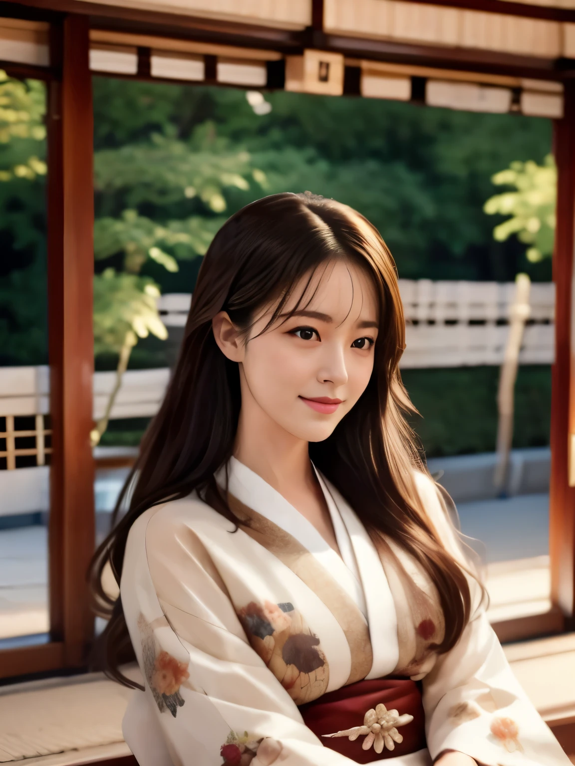 ((photorealistic:1.3)),((ultra detailed)),((sharp:1.2)),((cinematic light)),

1girl, solo, long hair, breasts, looking at viewer, smile, brown hair, hair ornament, brown eyes, sitting, flower, outdoors, japanese clothes, day, hair flower, kimono, blurry, lips, sash, blurry background, leaf, floral print, own hands together, yukata, realistic, nose, hands on lap
