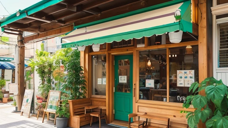 A charming and lo-fi anime-inspired illustration of a cozy coffee shop. The shop features adorable decorations and a vibrant color palette. Various cute, leafy plants are scattered around the space, enhancing the warm and inviting atmosphere. Customers are seated at a terrace area, sipping their coffee and enjoying the view. The overall illustration style is reminiscent of traditional hand-drawn anime, with fine details and a sense of whimsy., painting, anime