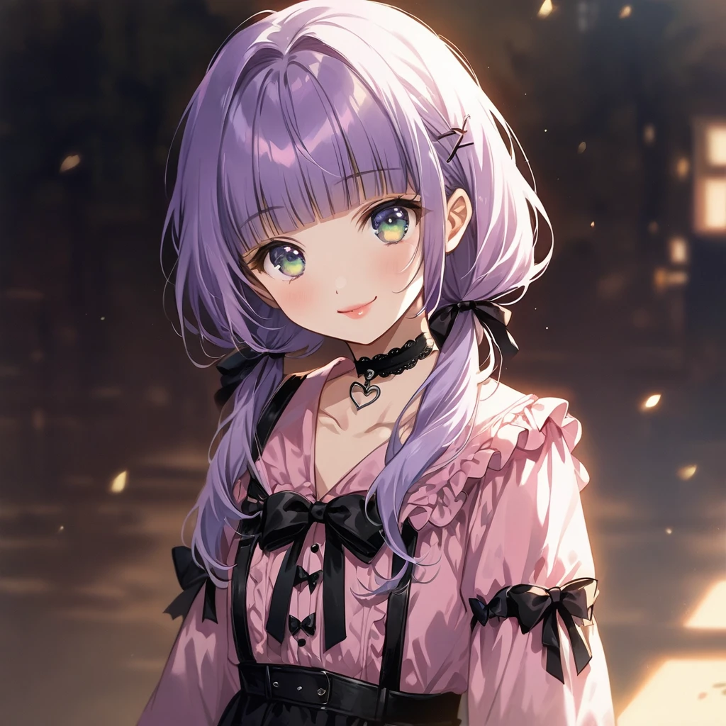 (Cute a girl:1.5), (a girl with closs hair pin, pale purple hair, low twintail, blunt bangs hair, green and black eyes, closs hair pin,pink lips,
pink shirt,cosplay, jirai kei, bangs, black skirt, black bow, looking at viewer, bow, long sleeves, choker, ribbon,smiling,
:1.4), anime visual, (tilt head:1.3), realistic lighting and shading,muted colors,soft focus, (an extremely delicate and beautiful art:1.3),