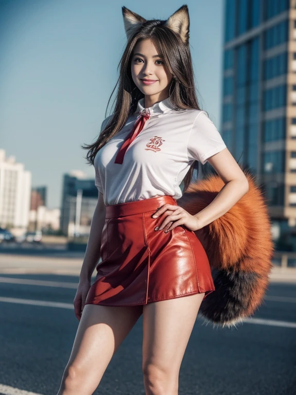 ((Highest quality, 8k)), ((masterpiece)), (Highest Resolution), Perfect Face, Fox Girl, high school girl, Beautiful woman, public, One tail, she has thick thighs, Big tail, She has a fluffy fox tail, She wags her tail, smile, Fur collar, She is wearing a short skirt, Beautiful Hips , Big Breasts, The skirt is rolled up at her tail