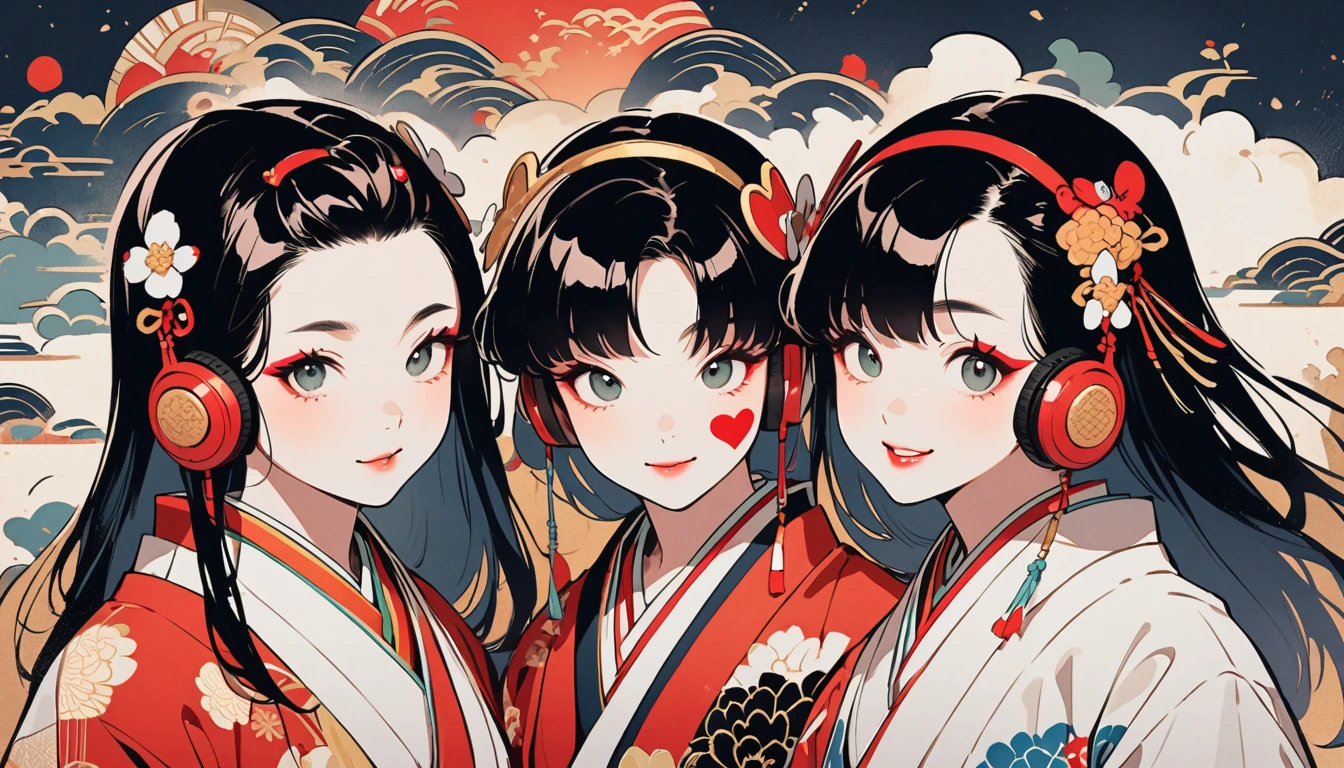 (((Ink Painting))), (((from above))), (((twins))), (((Heart tattoo on face))), (((Very flashy hair accessories))), (((Very flashy makeup))), Japanese style headphones, Villain, face close-up, front view, Japan人の美少女, Black Hair, Delicate and precise, Modern ukiyo-e style,Japan, Droopy eyes, round face, smile, Fuller lips, vivid color