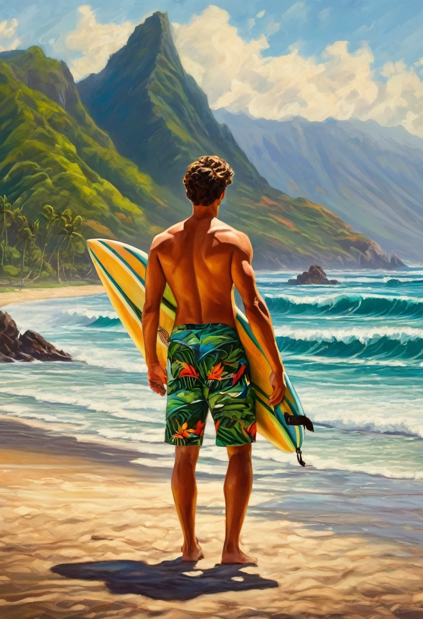 A young man is standing facing the ocean while carrying a surfboard, shirtless, wearing shorts, on the beach, with big waves, tropical mountain background, oil painting style