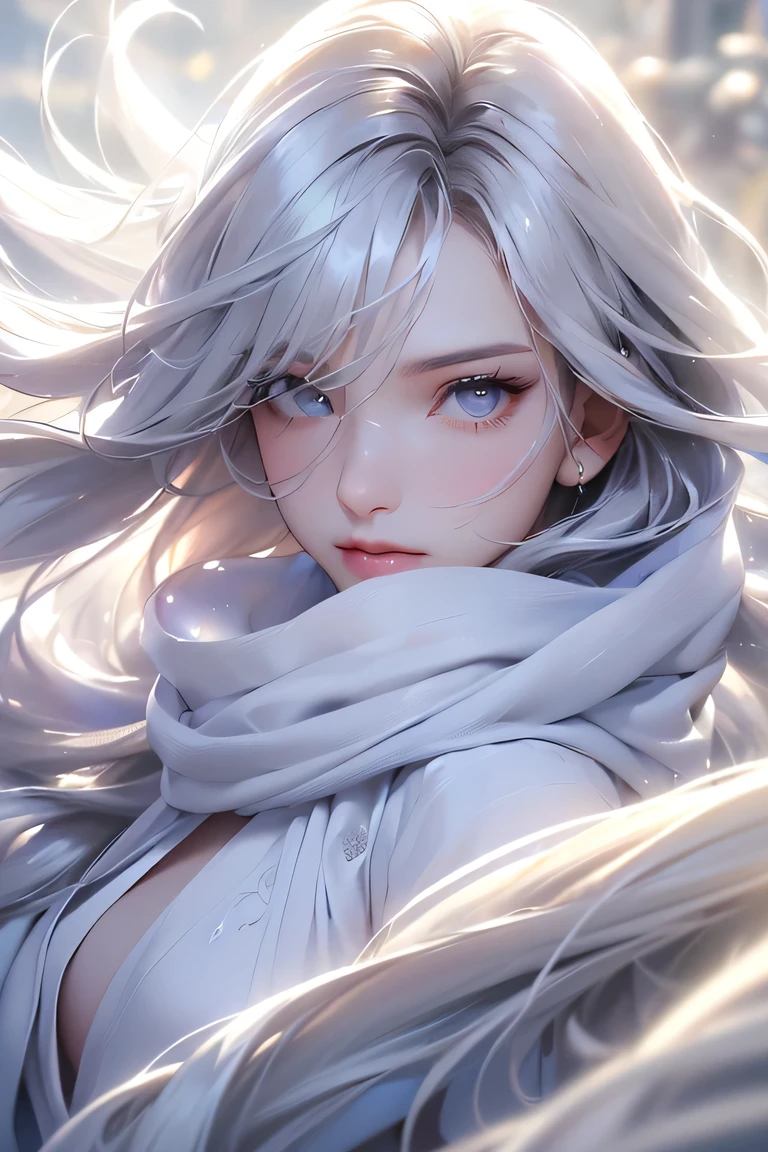 ((masterpiece:1.5、8k、Portraiture、Photorealistic and very detailed CG、Very detailed、Particle Effects、Dynamic Effects、Shallow depth of field、Cinematic Light、Lens flare、Ray Tracing、Tabletop、Realistic:1.4、Ultra-high resolution:1.2、Realistic、Realistic))((alone、,A woman wearing a cashmere coat over an off-the-shoulder dress:1.4、wear a long scarf、White Belt、coat、Elegant woman posing、Detailed face、brightexpression、young, bright, Whiter skin、small breasts、Best Looks、Ultimate beauty、Shiny silver hair with highlights、bright and shiny hair,、Super long, Silky straight hair、Hair dancing in the wind))(morning、outdoors, winter, snow falling)
