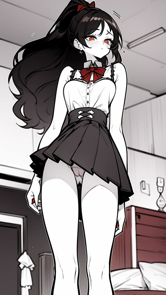 using pantimedies, wavy black hair, piercing look with deep red eyes, average stature, Silky hair with a ponytail hairstyle collected with a red bow with two white lines, with clothes, has a vagina, has breasts, cup of breasts, small breasts, slim, foreground, Session, sitting in her room, standing in his room, wearing pantyhose, using pantimedies, Picardias, short skirt, shoes, blouse with straps, blush, opening her legs making her panties visible, open legs, perfect white panty, Skirt fluttering in the wind, grabbing the skirt with both hands, from below, chubby thighs 