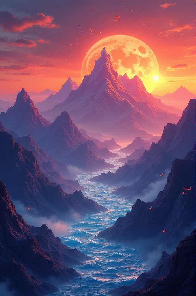 Music Materialized Landscape:
"Epic mountain range where peaks and valleys are formed by giant, visible sound waves. Each layer represents different instruments: piano in blue waves, guitar in red, drums in purple, extending from foreground to horizon. The sky is adorned with musical notes and symbols forming constellations. Overall color palette is warm sunset hues of orange and purple. Strong use of perspective to emphasize the vastness. Small floating musical scores in the corners. Styled as a combination of digital art and oil painting techniques."