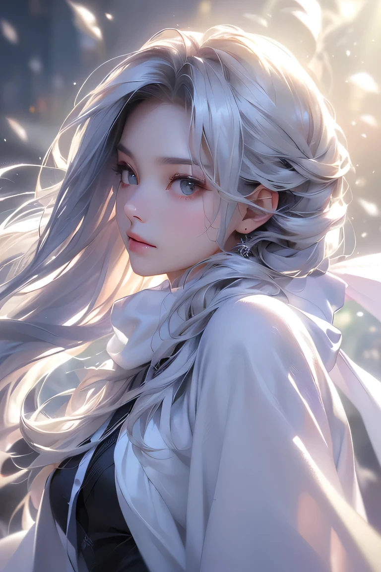 ((masterpiece:1.5、8k、Portraiture、Photorealistic and very detailed CG、Very detailed、Particle Effects、Dynamic Effects、Shallow depth of field、Cinematic Light、Lens flare、Ray Tracing、Tabletop、Realistic:1.4、Ultra-high resolution:1.2、Realistic、Realistic))((alone、,A woman wearing a cashmere coat over an off-the-shoulder dress:1.4、wear a long scarf、White Belt、coat、Elegant woman posing、Detailed face、brightexpression、young, bright, Whiter skin、small breasts、Best Looks、Ultimate beauty、Shiny silver hair with highlights、bright and shiny hair,、Super long, Silky straight hair、Hair dancing in the wind))(morning、outdoors, winter, snow falling)
