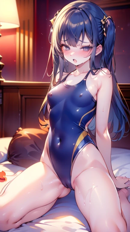 (Highest quality)), ((masterpiece)), (detailed), 一人の14歳のBeautiful woman,Very sexy,(((Small Breasts 1.5,One piece navy blue competitive swimsuit))),Sweaty woman by the pool,
Beautiful woman,Beautiful little face,-faced woman,Beautiful teeth alignment,Beautiful 8-head body line,Slender body,Beautiful Hands,Beautiful legs,Long hands,Long legs,Long and supple hair,Shiny Hair,Black Hair,No clothes,Embarrassed expression,blush,Thin lips,Beautiful shoulders,Beautiful clavicle、Sitting Woman,On the bed,Excited,Semen in the hair,Spread your legs,A lot of love juice in the crotch,((Ahegao 1.5)),orgasm,Open your mouth wide,Sticking out tongue,Drooling,(((Legs open and leaning back pose 1.5))),Expressions of Ecstasy,Climax expression,blush,