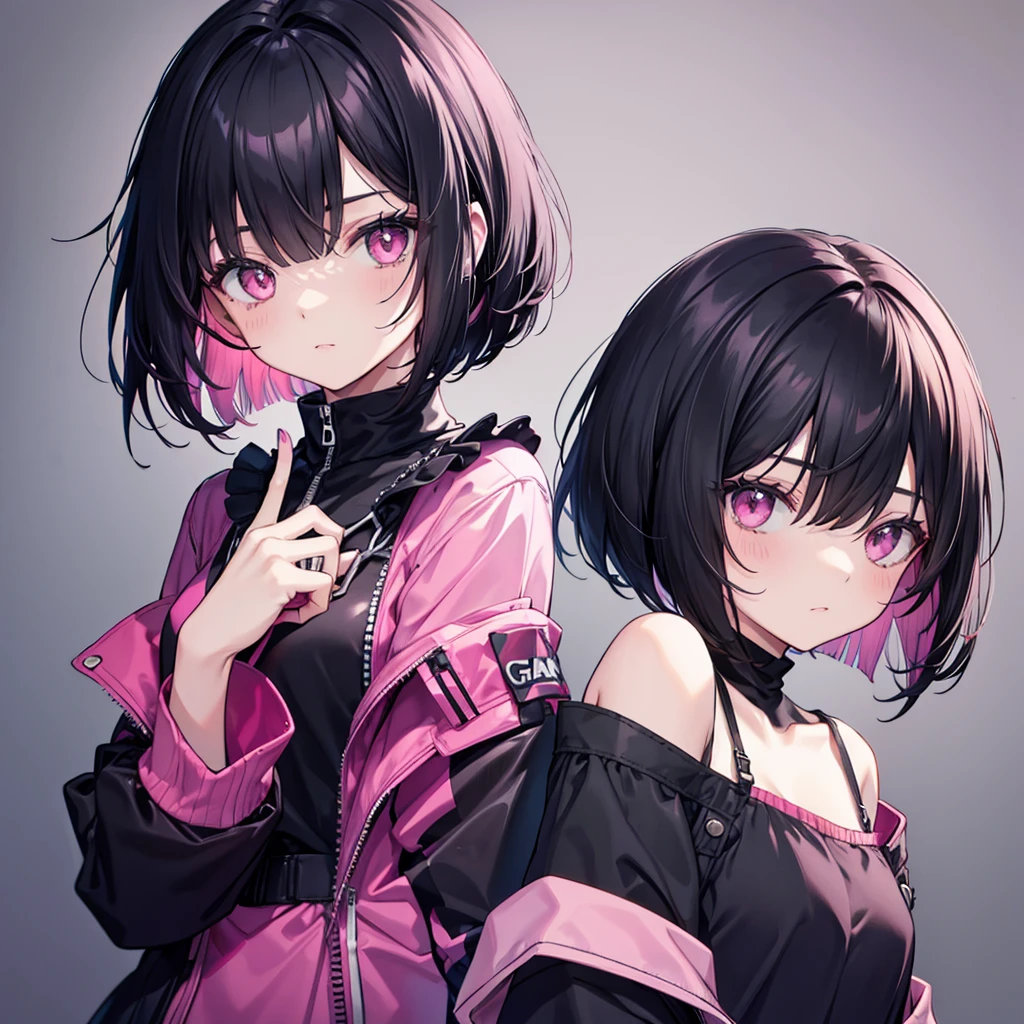 black hair, pink clothes, girl, solo, (((bob kat))), adult, gothic