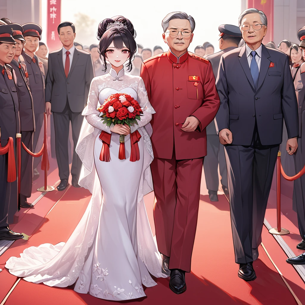 ((Highest quality)), ((masterpiece)), (detailed), （Perfect Face）、The woman is a Chinese woman named Kocho Shinobu.。, Purple gradient bob black hair and formal evening hairstyles. She is wearing an engagement ring. She is a prominent member of the Chinese Communist Party.、She is the wife of a great old Communist Party official.、The woman is beautifully dressed in a gorgeous red wedding dress typical of the Chinese Communist Party, and she loves her husband dearly and is happy to be his wife.、She walked side by side with a dignified elderly Communist Party official down the red carpet aisle in a loving wedding ceremony.。A loving Chinese Communist couple