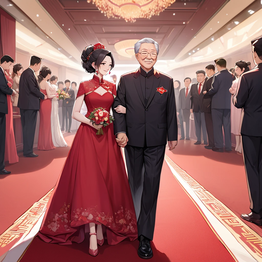 ((Highest quality)), ((masterpiece)), (detailed), （Perfect Face）、The woman is a Chinese woman named Kocho Shinobu.。, Purple gradient bob black hair and formal evening hairstyles. She is wearing an engagement ring. She is a prominent member of the Chinese Communist Party.、She is the wife of a great old Communist Party official.、The woman is beautifully dressed in a gorgeous red wedding dress typical of the Chinese Communist Party, and she loves her husband dearly and is happy to be his wife.、She walked side by side with a dignified elderly Communist Party official down the red carpet aisle in a loving wedding ceremony.。A loving Chinese Communist couple