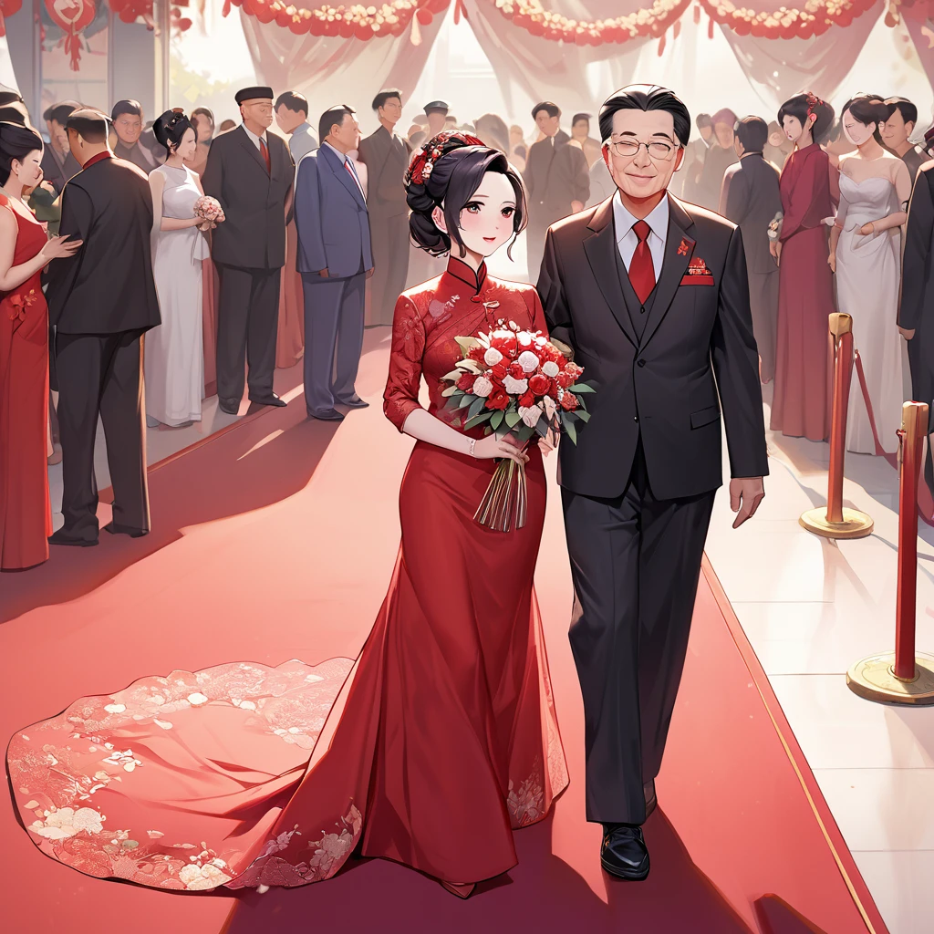((Highest quality)), ((masterpiece)), (detailed), (Perfect Face)、The woman is a Chinese woman named Kocho Shinobu.。, Purple gradient bob black hair and formal evening hairstyles. She is wearing an engagement ring. She is a prominent member of the Chinese Communist Party.、She is the wife of a great old Communist Party official.、The woman is beautifully dressed in a gorgeous red wedding dress typical of the Chinese Communist Party, and she loves her husband dearly and is happy to be his wife.、She walked side by side with a dignified elderly Communist Party official down the red carpet aisle in a loving wedding ceremony.。A loving Chinese Communist couple