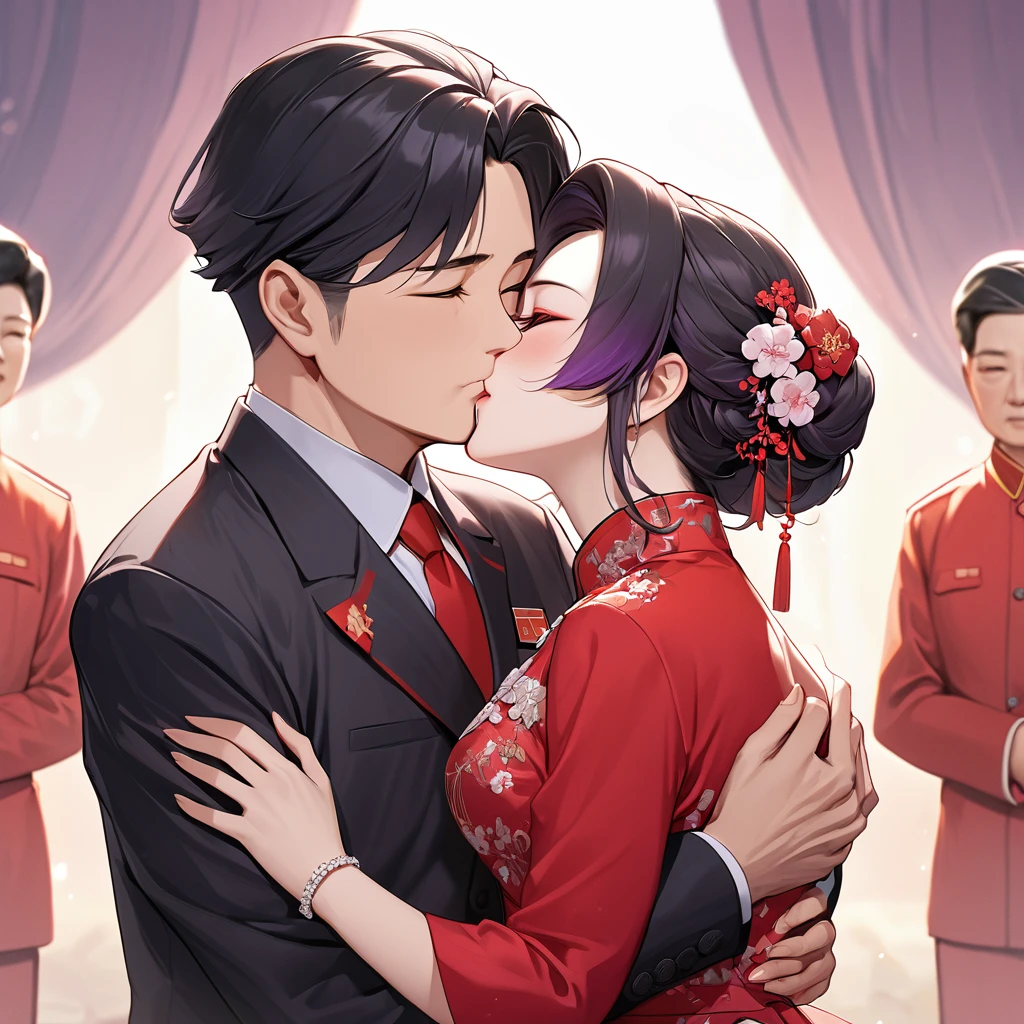 ((Highest quality)), ((masterpiece)), (detailed), （Perfect Face）、The woman is a Chinese woman named Kocho Shinobu.。, Purple gradient bob black hair and formal evening hairstyles. She is wearing an engagement ring. She is a prominent member of the Chinese Communist Party.、She is the wife of a great old Communist Party official.、The woman is beautifully dressed in a gorgeous and glamorous red wedding dress typical of the Chinese Communist Party.、She is seen in a passionate wedding ceremony with a dignified elderly Communist Party official, embracing him passionately and kissing him in a deep vow.。A loving Chinese Communist couple