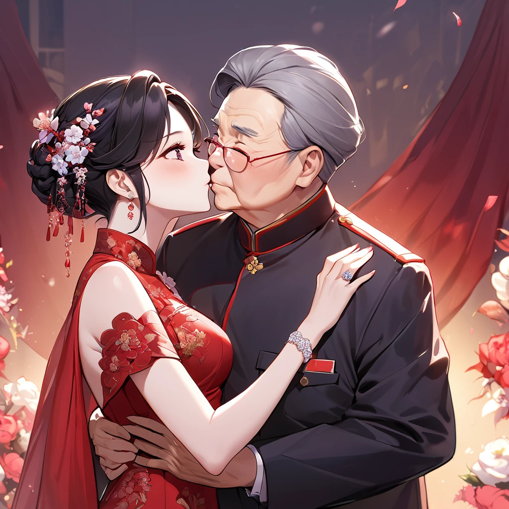 ((Highest quality)), ((masterpiece)), (detailed), (Perfect Face)、The woman is a Chinese woman named Kocho Shinobu.。, Purple gradient bob black hair and formal evening hairstyles. She is wearing an engagement ring. She is a prominent member of the Chinese Communist Party.、She is the wife of a great old Communist Party official.、The woman is beautifully dressed in a gorgeous and glamorous red wedding dress typical of the Chinese Communist Party.、She is seen in a passionate wedding ceremony with a dignified elderly Communist Party official, embracing him passionately and kissing him in a deep vow.。A loving Chinese Communist couple