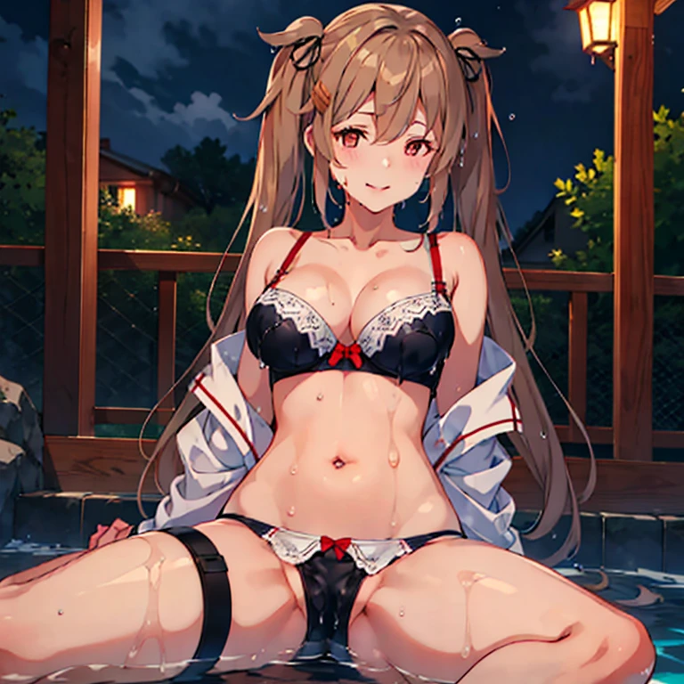 murasame_kantaicollection,
long_hair, light_brown_hair, brown_eyes, red_eyes, ribbon, smile, serafuku, hair_ribbon, black_serafuku, breasts, twintails, two_side_up, hair_flaps, hair_ornament,
,KujouCSA,
(masterpiece:1.4),(best quality:1.4), (amazing), (great illustration:1.4), (ultra-detailed:1.4), (art CG, 8K),1 girl,solo,full body,blush
Wetting the hair,(wet:1.6),onsen,bra,panty,

