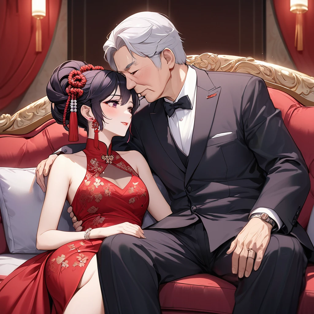 ((Highest quality)), ((masterpiece)), (detailed), (Perfect Face)、The woman is a Chinese woman named Kocho Shinobu.。, Purple gradient bob black hair and formal evening hairstyles. She is wearing an engagement ring. She is a prominent member of the Chinese Communist Party.、She is the wife of a great old Communist Party official.、The woman is beautifully dressed in a gorgeous and glamorous red wedding dress typical of the Chinese Communist Party.、A loving couple is seen passionately embracing a dignified elderly Communist Party official on a luxurious sofa in a luxurious room, the man fondling the woman's breasts and caressing her body.。A loving Chinese Communist couple