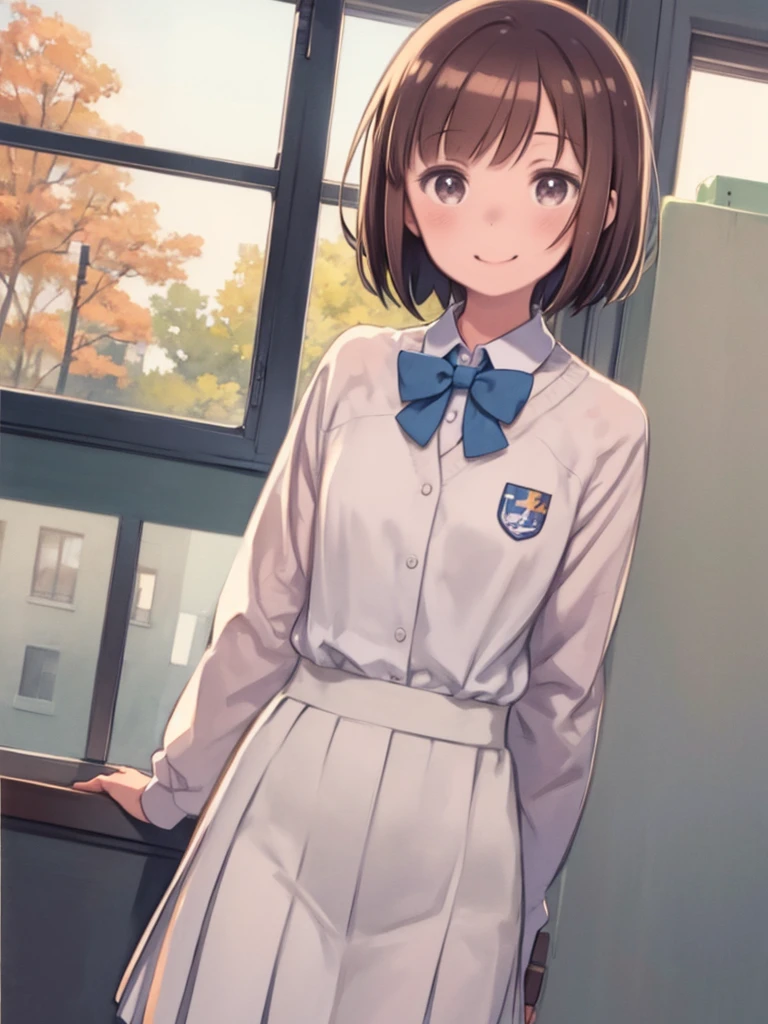 School classroom、Watercolor style、pale colour、Hand-drawn style, 15-year-old student、high school girl、High School Uniform、Laughter、frontage、Upper body、Brown Hair、short hair、Upper body