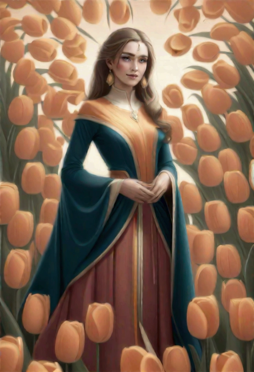 1girl, A field of vibrant tulips, beautiful detailed petals, lush green foliage, serene countryside landscape, warm golden hour lighting, (4k,8k,highres:1.2), ultra-detailed, HDR, UHD, studio lighting, ultra-fine painting, sharp focus, physically-based rendering, extreme detail description, professional, vivid colors, landscape, natural lighting, scenic, idyllic, masterpiece, best quality, very aesthetic, absurdres