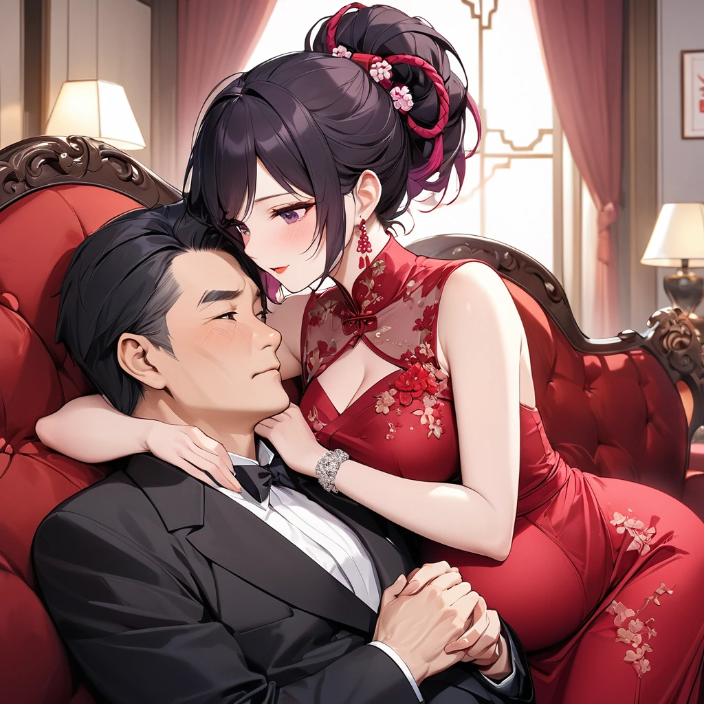 ((Highest quality)), ((masterpiece)), (detailed), (Perfect Face)、The woman is pregnant and is a Chinese woman named Kocho Shinobu.。, Purple gradient bob black hair and formal evening hairstyles. She is wearing an engagement ring. She is a prominent member of the Chinese Communist Party.、She is the wife of a great old Communist Party official.、The woman is beautifully dressed in a gorgeous and glamorous red wedding dress typical of the Chinese Communist Party.、A loving couple is seen passionately embracing a dignified elderly Communist Party official on a luxurious sofa in a luxurious room, the man fondling the woman's breasts and caressing her body.。A loving Chinese Communist couple、the woman is pregnant