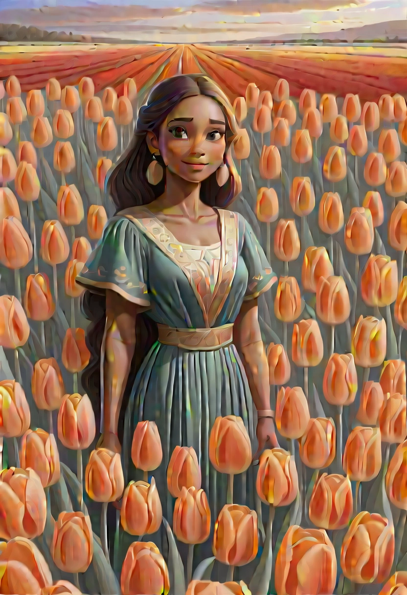 1girl, A field of vibrant tulips, beautiful detailed petals, lush green foliage, serene countryside landscape, warm golden hour lighting, (4k,8k,highres:1.2), ultra-detailed, HDR, UHD, studio lighting, ultra-fine painting, sharp focus, physically-based rendering, extreme detail description, professional, vivid colors, landscape, natural lighting, scenic, idyllic, masterpiece, best quality, very aesthetic, absurdres